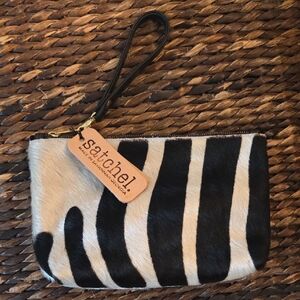 Satchel Zebra Print Wristlet Natural Hide Clutch - Black and Cream